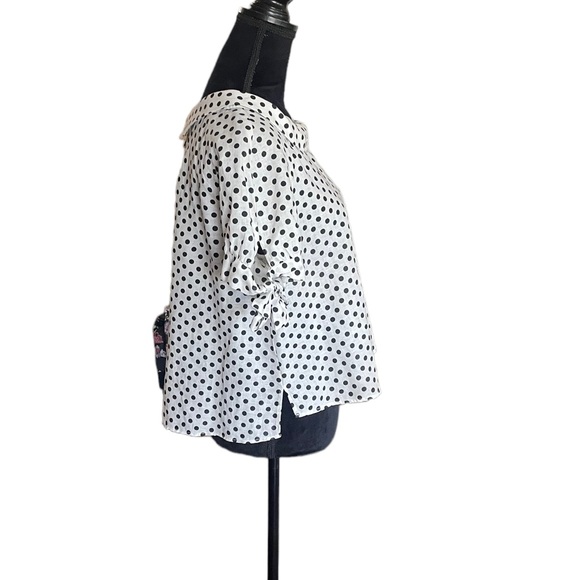 Zara linen shortsleeved bow detail polka dot cream & black button back top large - Picture 3 of 9
